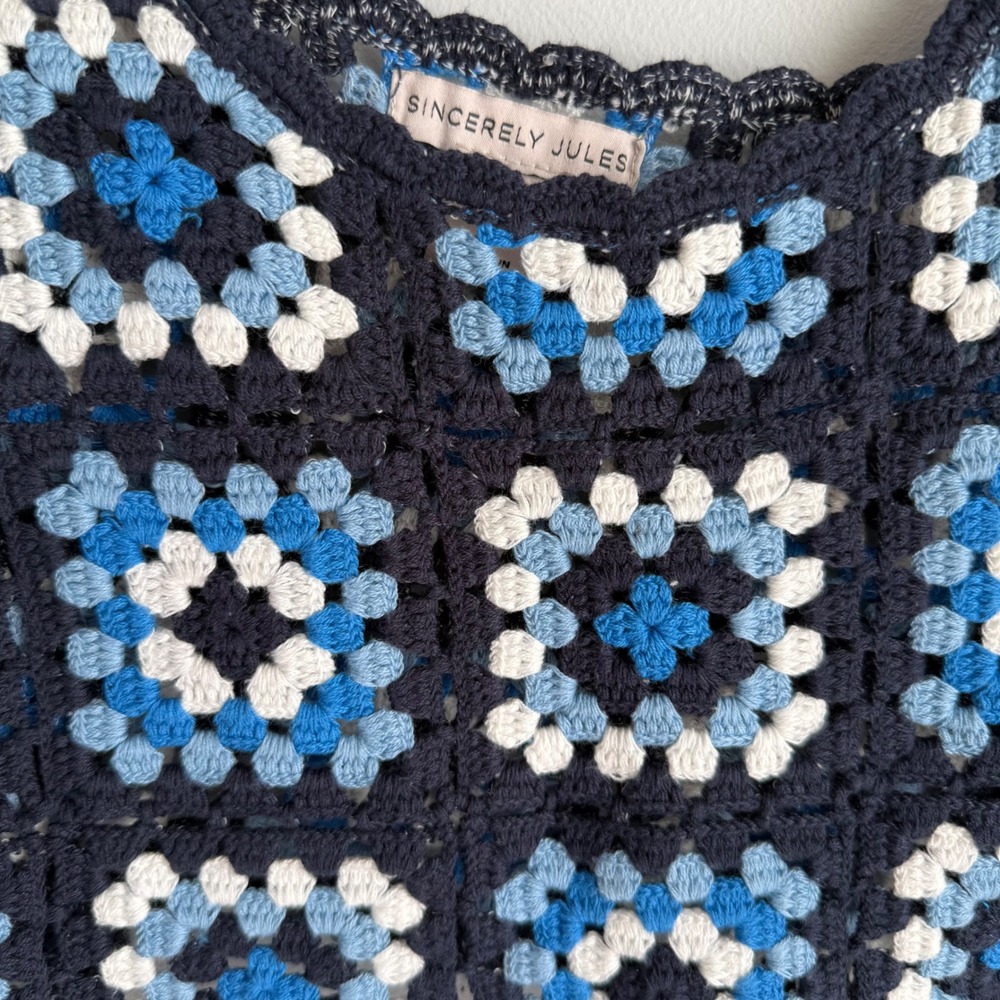 SINCERELY JULES Blue Granny Square‎ Crochet Boho Festival Ladies Cropped Tank, M - Picture 5 of 5